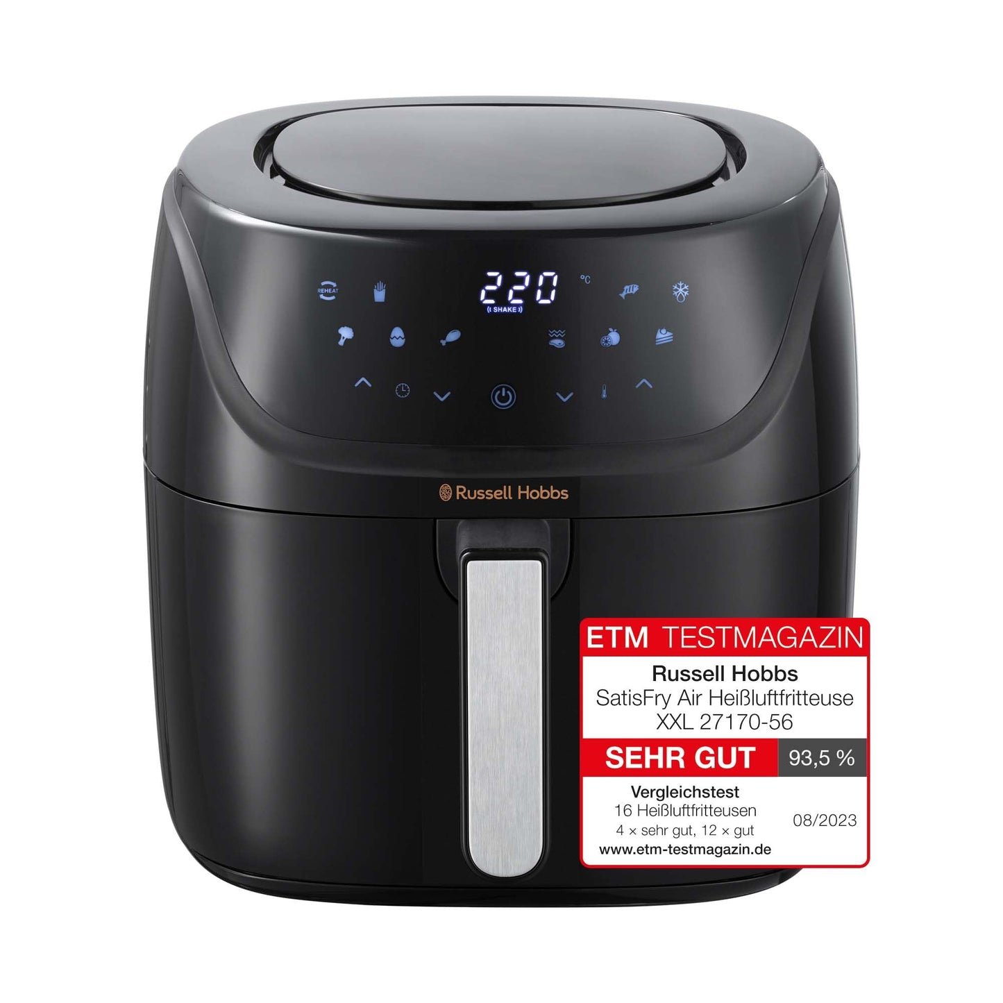 Russell Hobbs XXL 8L Rapid AirFryer with compact design, 7 cooking functions, 10 programs. SatisFry technology is dishwasher safe, reaches up to 220°C, and allows for oil-free frying, grilling, baking, and roasting. Item number: 27170-56.