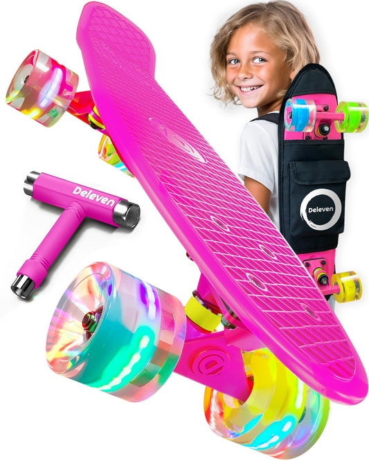 Deleven skateboard with carrying bag, LED wheels, skate tool, and ABEC 7 bearings - for kids, adults, beginners - 56 cm