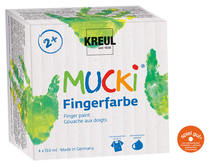 Kreul 23051 - Mucki finger paint for royal children, 6 x 50 ml & 2314 - Mucki vibrant finger paint, 4 x 150 ml in yellow, red, blue, and green, paraben-free, gluten-free, lactose-free, and vegan.