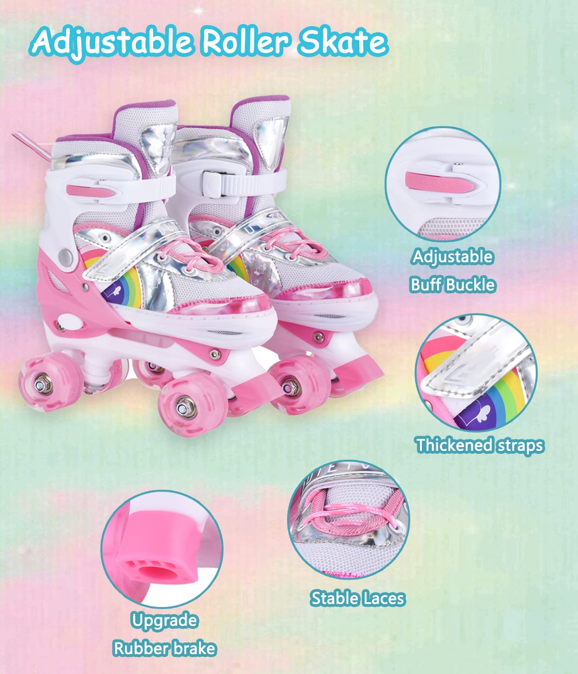 YUDOXN Adjustable Roller Skates for Girls. Comfortable LED rollerskates for teens and beginners. 3 sizes, adjustable from 31 to 42. Adjustable roller skates for kids (S, Pink-B).