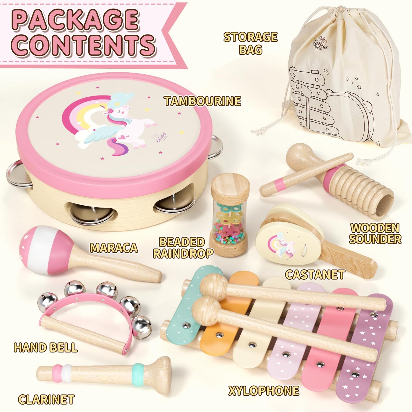 Lehoo Castle music instruments for kids, Montessori wooden toys for ages 2-3, instrument set with xylophone drum for preschool, music learning toy gift for baby girl boy.