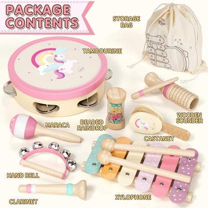 Lehoo Castle music instruments for kids, Montessori wooden toys for ages 2-3, instrument set with xylophone drum for preschool, music learning toy gift for baby girl boy.