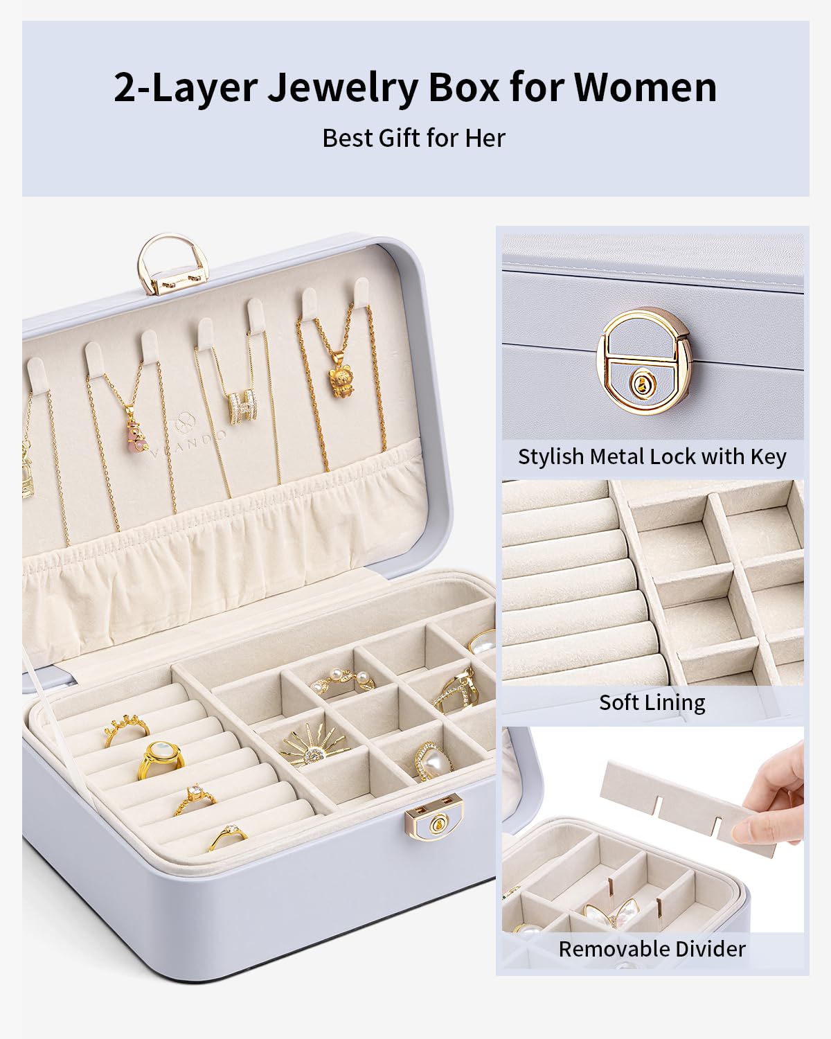 Vlando Jewelry Box for Girls Women, Double-layer Jewelry Case, Lockable Jewelry Box, Jewelry Storage Box for Rings Earrings Bracelets, Jewelry Organizer