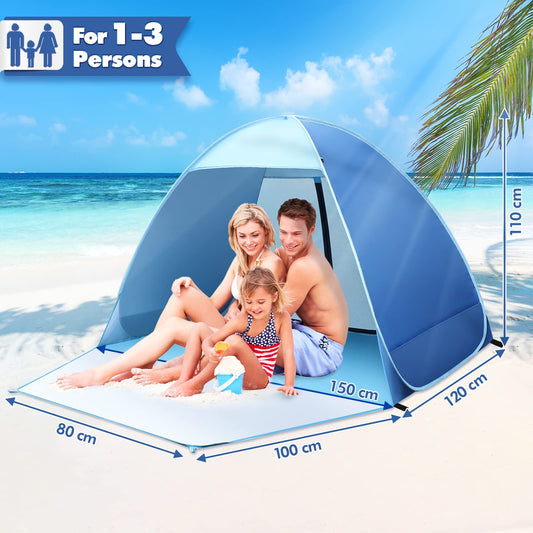 Pop-up beach tent, 2-3 person family tent with UV protection UPF 50+. Beach tent with zipper backdoor, front door with buckles. Compact size for sun protection at the beach or in the garden.