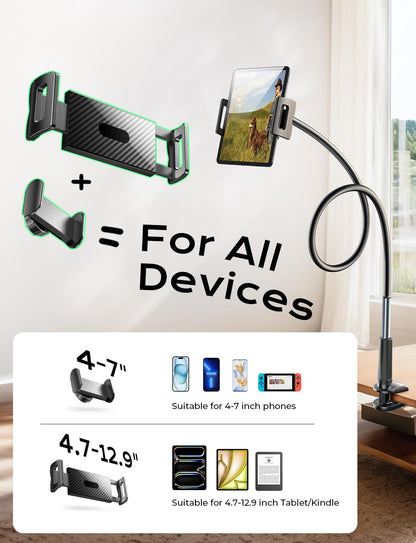 LISEN swan neck tablet holder for bed [2 clips] tablet stand 360° rotatable Kindle holder, universal tablet holder with iPhone 16 15 series iPad Pro Galaxy Tabs from 4 to 12.9 inch devices