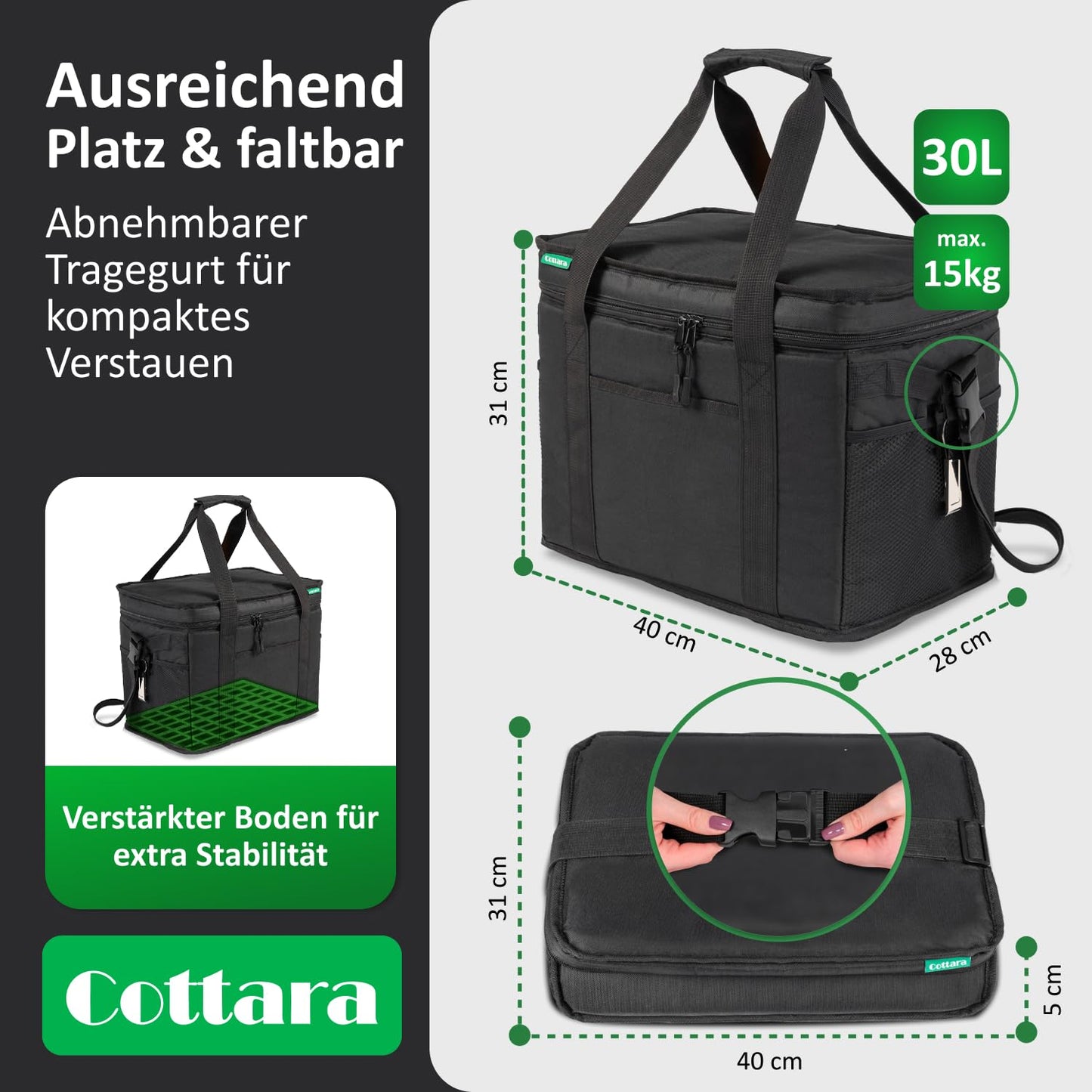 Cottara® Cooler Bag 30 l foldable waterproof +12h cooling – 8mm extra strong insulated Cooler Bag large for shopping picnic – Shopping bag, insulated bag, thermal bag, picnic bag