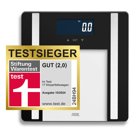 ADE Digital Body Fat Scale Ines up to 200 kg | Best in Test 2024 | Body scale with body fat analysis, BMI, muscle mass, body water, weight, BMR | Scale with user recognition | black