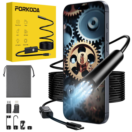 FORKODA Endoscope Camera with Light - 1080P HD endoscope with 8 adjustable LEDs, 5m waterproof cable IP67 4.3-inch IPS screen for pipe and engine inspections Professional snake camera