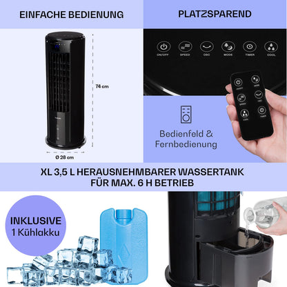 Klarstein air cooler with water cooling, 4-in-1 room cooler, humidifier, fan & night mode, portable air cooler with 3.5L tank & timer, 60W air cooler with 486 m³/h airflow.