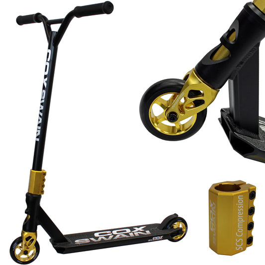 Cox Swain Stunt Scooter X-385, SCS compression, CNC fork, 100mm PU/aluminum wheels, ABEC 9, for kids + adults, beginners + pros, super stable - black/gold