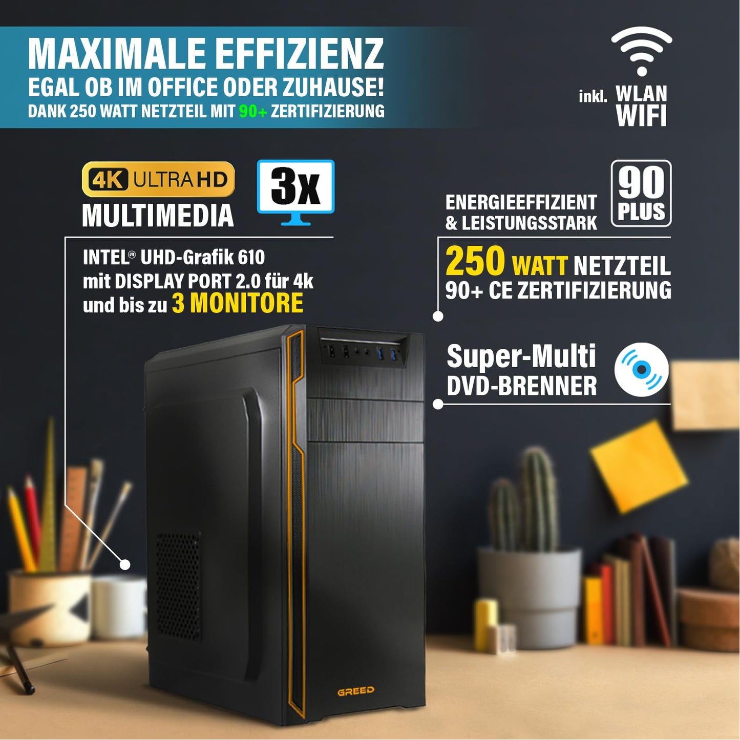 GREED® Basic PC with Intel Celeron G5905 - Fast computer for office & home office with 3.5 GHz, 8GB RAM, 512 GB SSD, DVD+RW, USB 3.0, WLAN, including Windows 11 Pro.