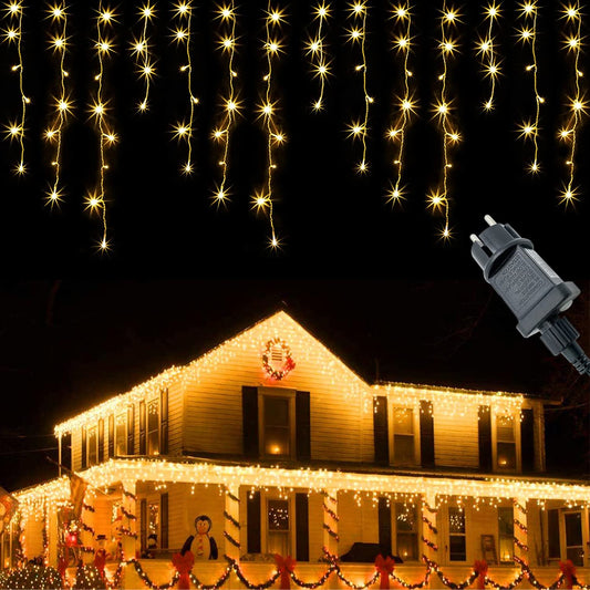 Ice rain fairy lights outdoor 10m 400LEDs light curtain fairy lights with timer + 8 modes + memory function + battery operated, icicle fairy lights decoration for Christmas, wedding, Halloween, warm white