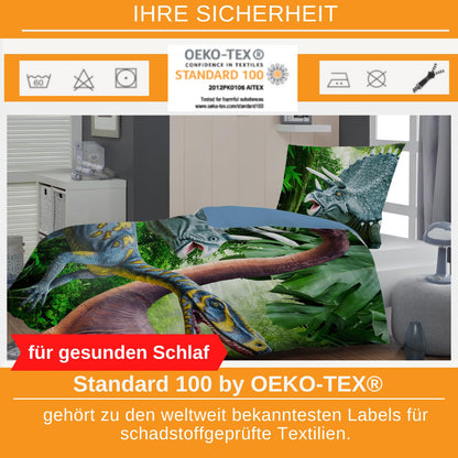 Aminata Kids Dino bed linen 135x200 children's bedding with dinosaur design cotton boys with zipper blue colorful soft