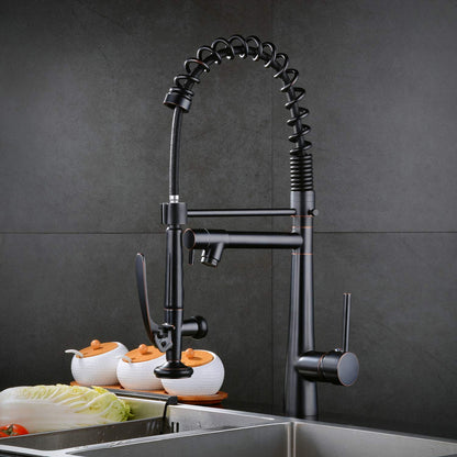 Kitchen faucet with retractable dual-spray nozzle, 2-way kitchen water tap spiral spring tap 360° rotatable, black.