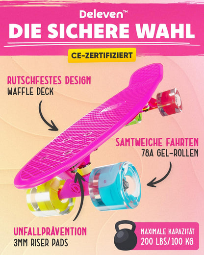 Deleven skateboard with carrying bag, LED wheels, skate tool, and ABEC 7 bearings - for kids, adults, beginners - 56 cm