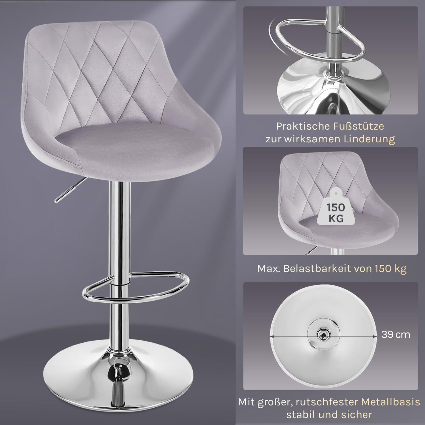 WOLTU Set of 2 Bar Stools, Bar Chairs with Backrest, Height Adjustable Swivel, Padded Velvet Seat, Non-Slip Metal Base, for Kitchen Home Bar, Light Grey, BH138hgr-2