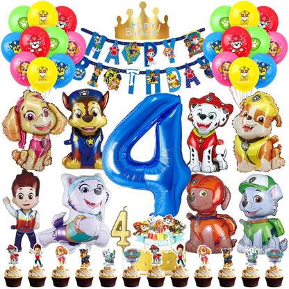 Patrol birthday decor for 4 years, Paw balloon for kids birthday party boys girls, Cartoon Dog Balloon Set, Dog Patrol Blue Balloon for 4th birthday, Cake topper for 4th birthday kids party decorations.