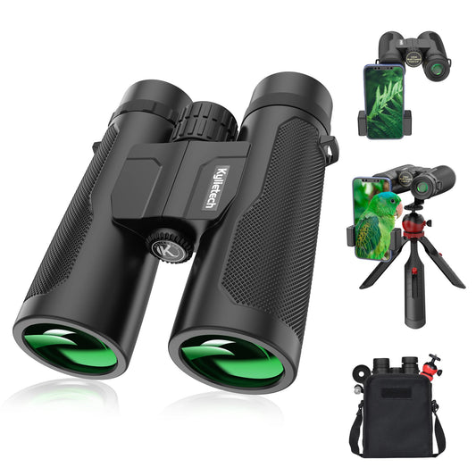 Adult binoculars, Kylietech 12x42 binoculars with tripod, Waterproof bird-watching binoculars with BaK-4 prisms, FMC lens, phone adapter for photography, star gazing.