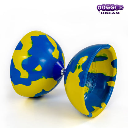 Juggle Dream Jester Diabolo Set - Fixed axle professional diabolo with Superglass handsticks, online learning video - juggling toy (Blue/Yellow)