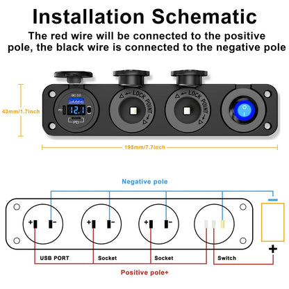 (4 in 1) PD 30W USB C 12V Socket: Switch Panel DC 12 Volt Car Type C Jack Waterproof USB Flush Mount Socket Outlet Cigarette Lighter Adapter Car Charger for iPhone Motorhome Boat Caravan