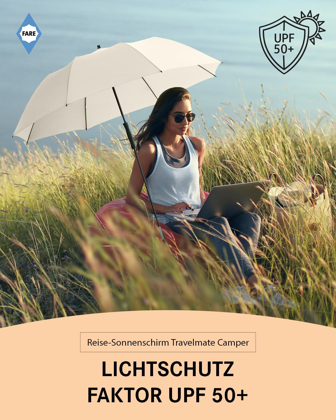 FARE Travel Sun Umbrella Travelmate Camper - Lightweight & Compact, UV Protection UPF50+, Ideal for Travel, Beach, Outdoor & Camping - Can also be used as a umbrella