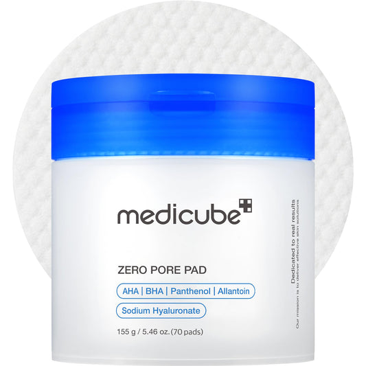medicube Zero Pore Pads 2.0, dual-textured facial toner pads for exfoliation and pore care with 4.5% AHA lactic acid & 0.45% BHA salicylic acid. Ideal for all skin types, Korean skincare. Contains 70 units.