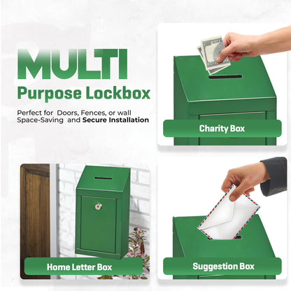 Metal donation box for wall mounting or countertop, with coin slot, lock with 2 green keys.