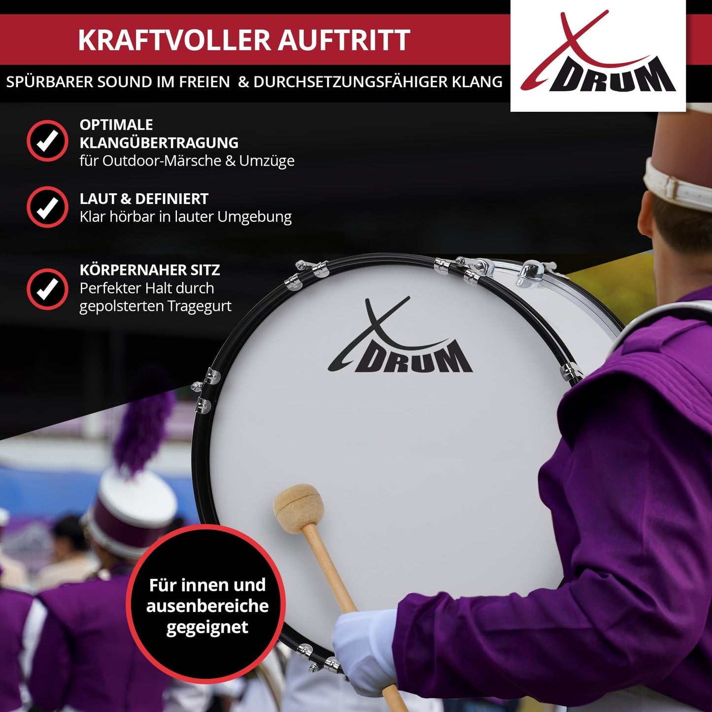 XDrum MBD-226 Marching Bass Drum, Football Drum 26" x 12" (10.5 kg, 4 eyelets, tension rods, includes pair of mallets, carrying straps, tuning key) white