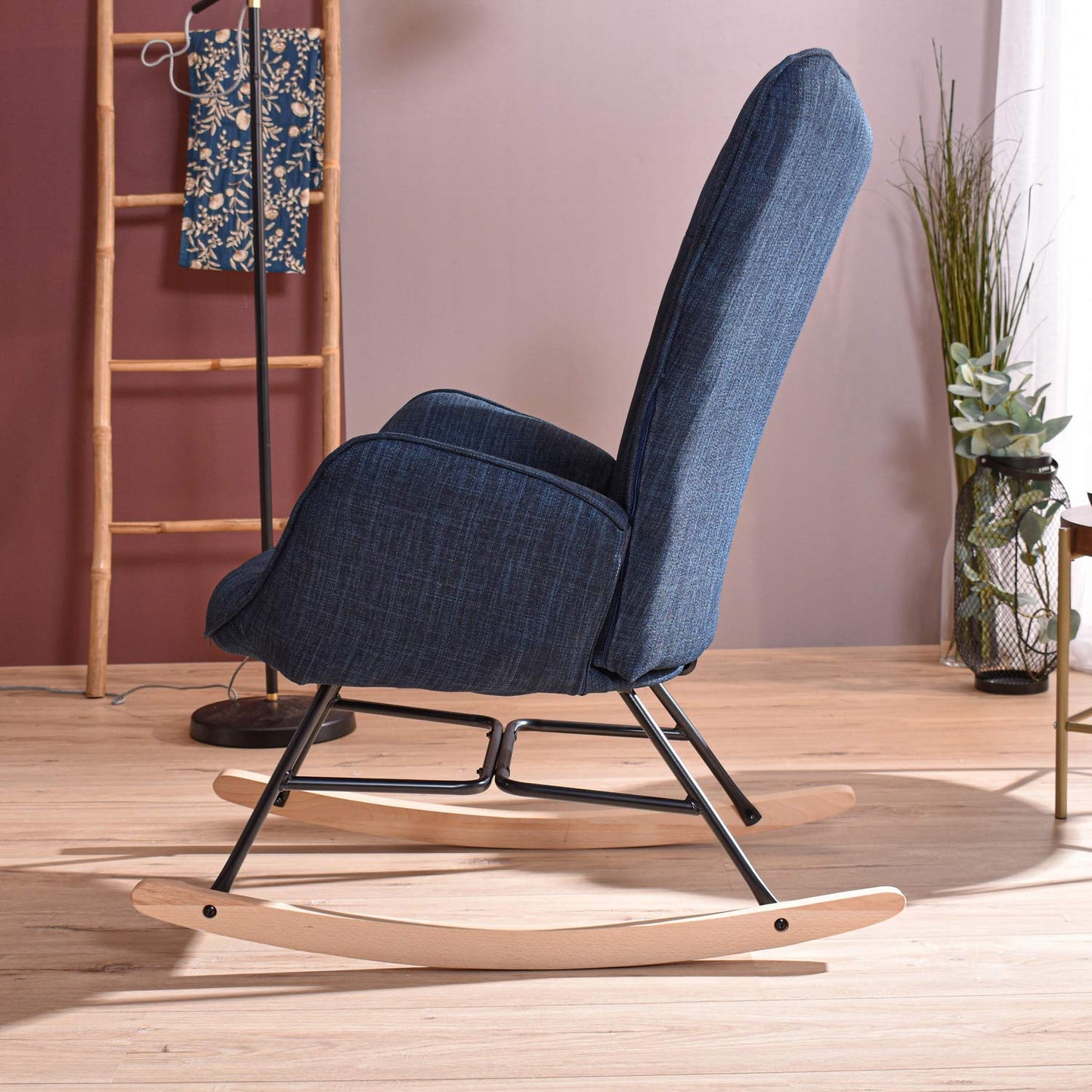 Cosy armchair rocking chair with armrests and padded seat for living room, bedroom, balcony. Supports up to 120 kg. Dark blue fabric and wooden rockers.