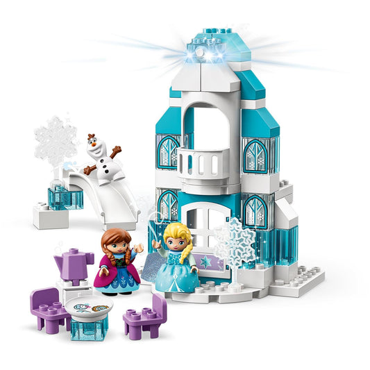 LEGO 10899 DUPLO Princess Frozen Elsa's Ice Palace, building set with light brick, Princess Elsa and Anna mini dolls, and snowman figure, toys for boys and girls aged 2 years and up.