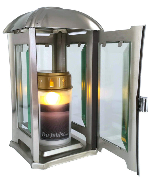 Grave lantern, grave lamp, stainless steel grave light with faceted glass panes including LED grave light 24 cm ... (brushed matte)