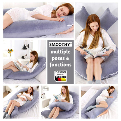 SMOOTHY Pregnancy Pillow, Side Sleeper Pillow, Support Pillow, Baby Pillow & Nursing Pillow in U-shape with removable & washable cover made of 100% cotton (Junior XL, 120 x 70 cm, White)
