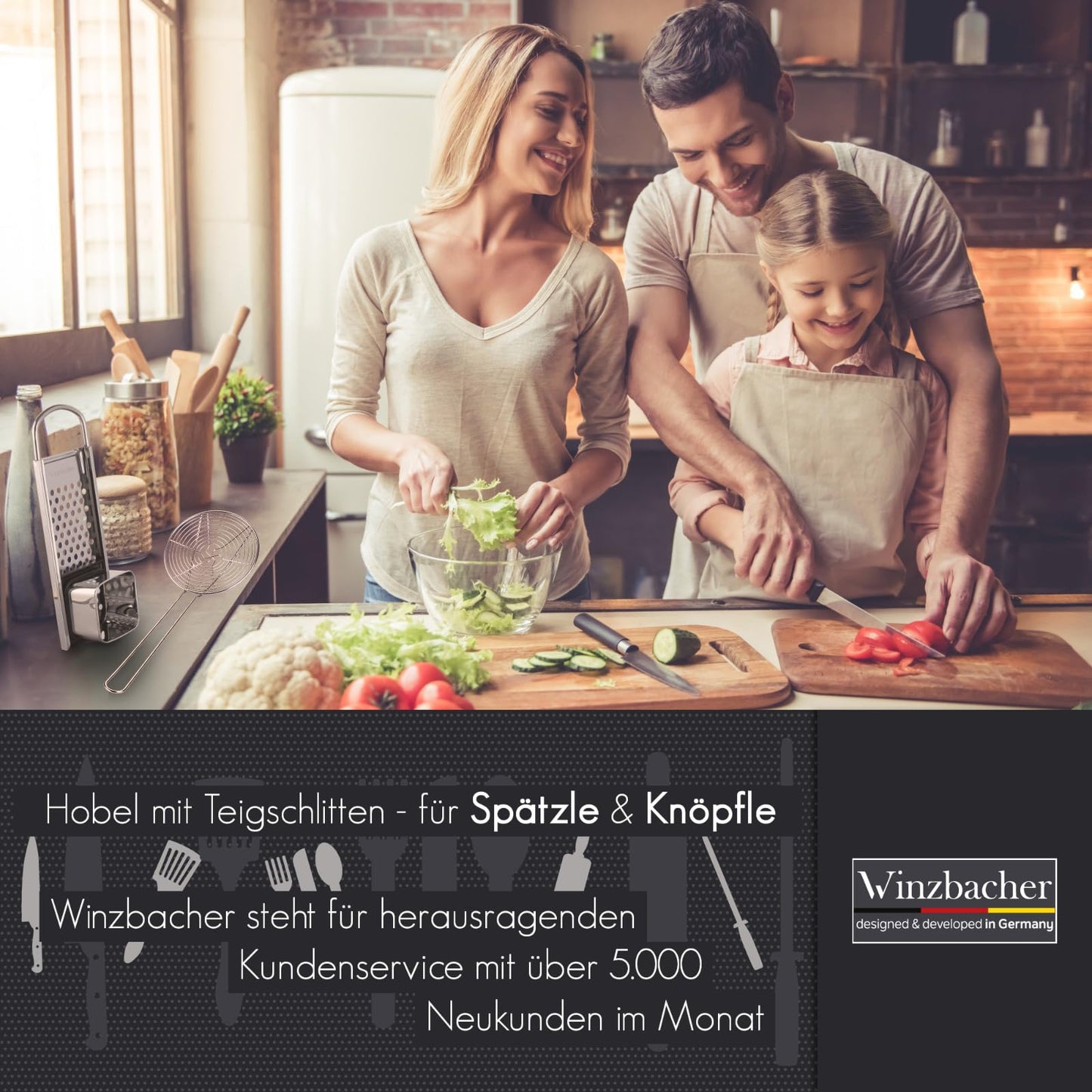 Winzbacher stainless steel spaetzle maker + ladle [pot Ø of 16-30cm] dishwasher safe | rustproof | spaetzle grater, spaetzle sieve, spaetzle press | for spaetzle & dumplings.