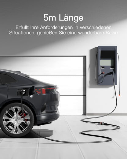 Tomons Type 2 charging cable, 22KW 5M 32A 3-phase, electric vehicle Type 2 for EV/PHEV, Type 2 to Type 2 EV with carrying bag and microfiber cloth for Model S/3/X/Y, ID.3, ID.4.