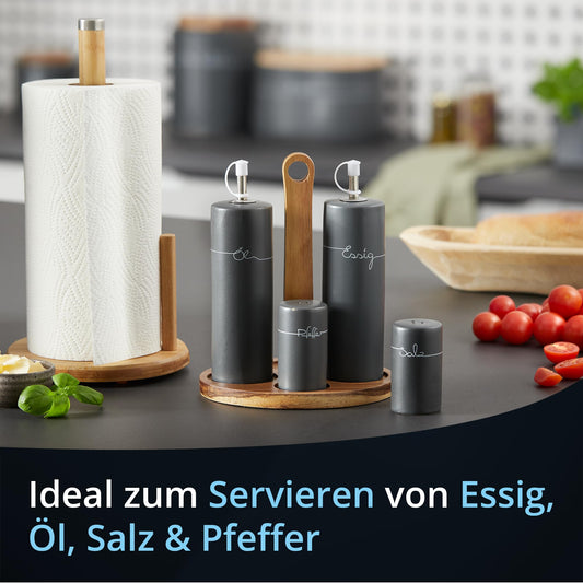 KHG Menage Set, ceramic stoneware polished, anthracite grey with wooden holder for oil, vinegar, salt & pepper for the table with labeling | 5-piece oil & spice storage with protective lid.