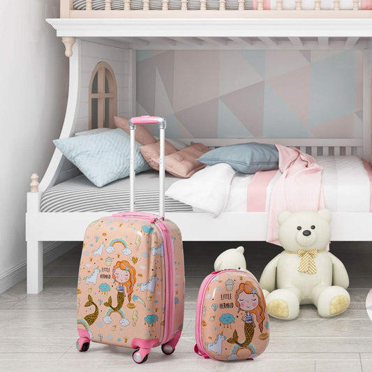 COSTWAY 2pc Kids Luggage Set, Plastic Kids Trolley + Backpack, Children's Suitcase, Kids Travel Luggage, Hard Shell Suitcase for Boys and Girls (Mermaids, 12"+18")