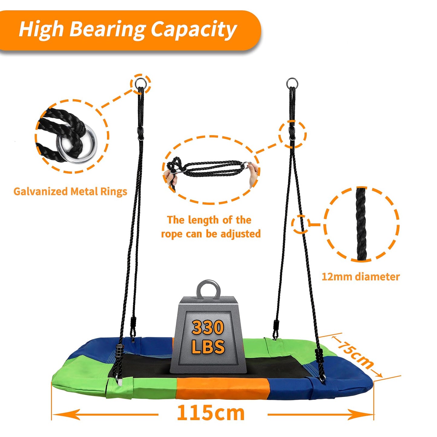 Dripex  kids swing 115cm x75cm rectangular swing for kids up to 100kg adjustable height hanging swing metal frame waterproof outdoor indoor for kids adults
