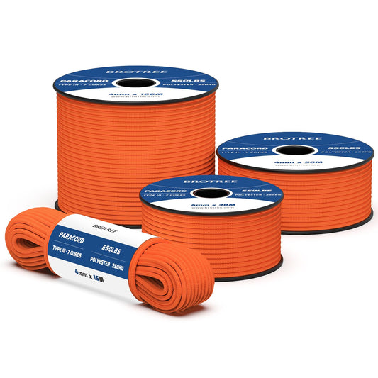 Brotree 550 Paracord 4mm 100m Cord 100% Polyester Rope Strong Type III 7 Strand for Bracelets, Crafting, Outdoor, Camping, Survival - Orange