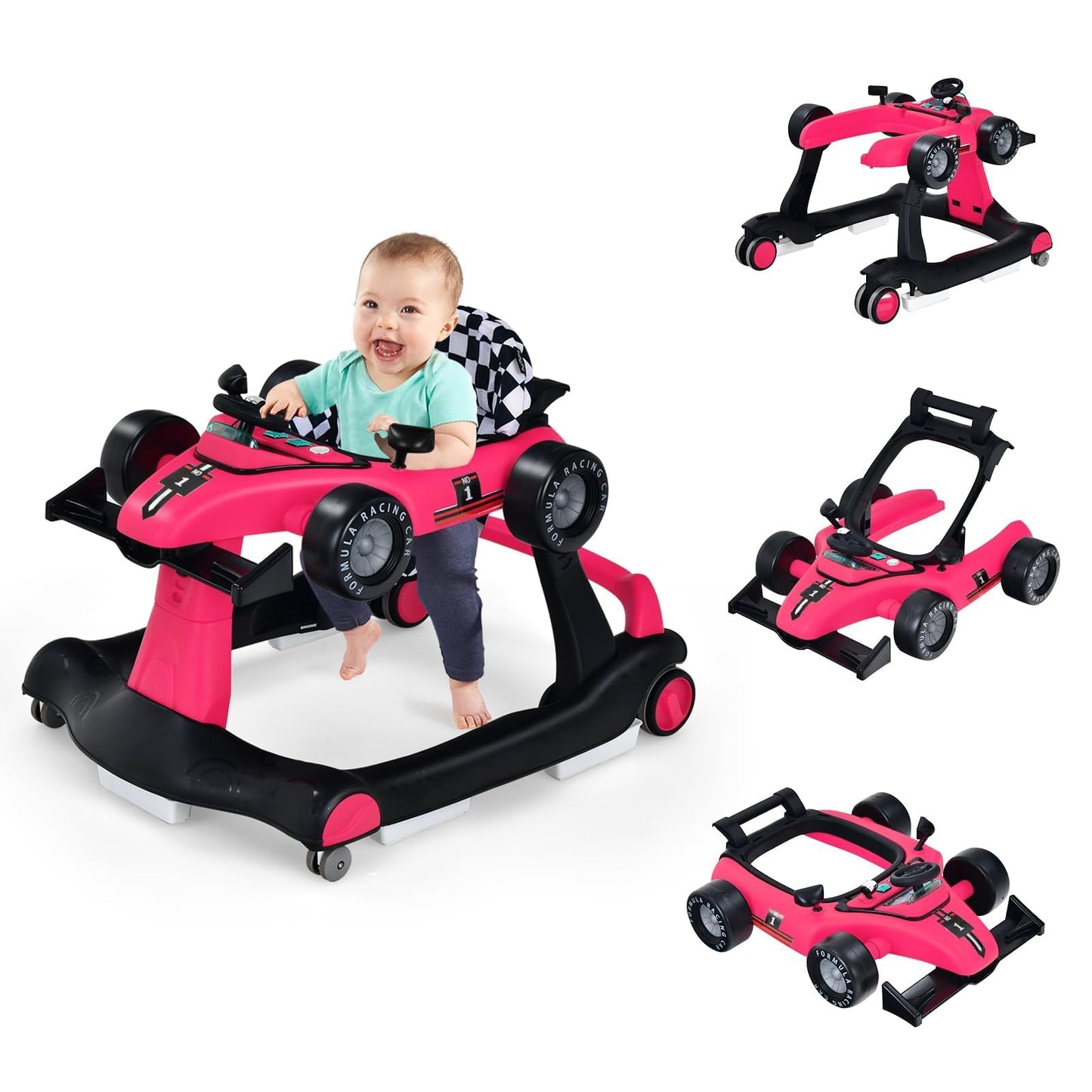 COSTWAY 4 in 1 folding baby walker with adjustable height & speed, music box, lights & wheels, suitable for babies from 6 months, can support up to 12kg weight capacity. Available in pink color.
