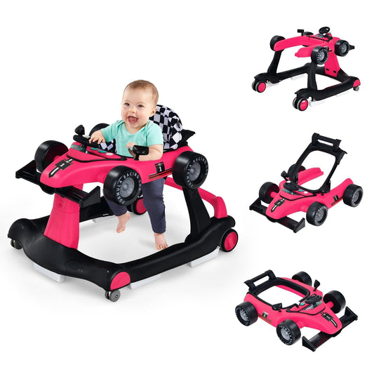 COSTWAY 4 in 1 folding baby walker with adjustable height & speed, music box, lights & wheels, suitable for babies from 6 months, can support up to 12kg weight capacity. Available in pink color.