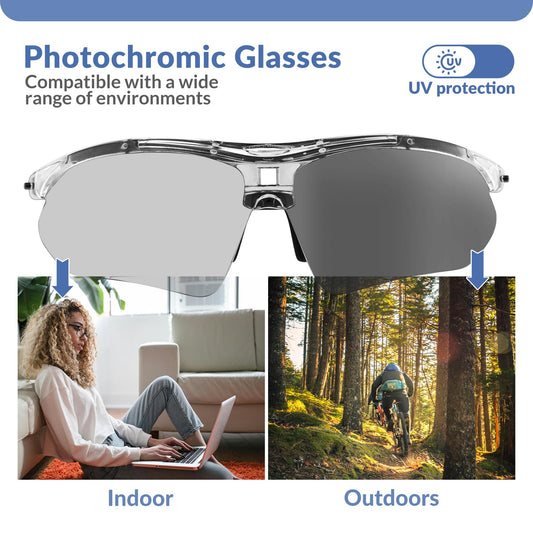 ROCKBROS self-tinting cycling glasses sunglasses for men/women with UV 400 and headband for eyeglass wearers. Ideal for outdoor activities like running and mountain biking. Transparent lenses.