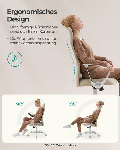 SONGMICS office chair, ergonomic desk chair, swivel chair, padded seat, height adjustable and tiltable, up to 120 kg load capacity, cappuccino beige OBN034K01