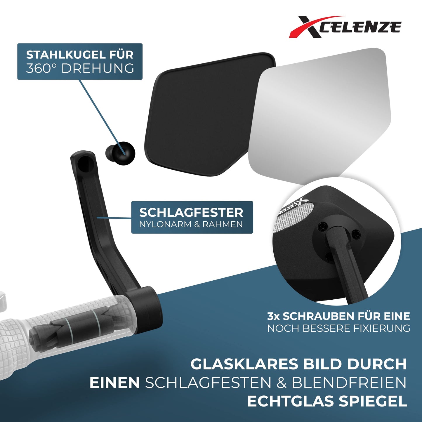 Xcelenze - Bike mirror with extra large mirror surface | impact-resistant real glass | bicycle mirror for handlebars ebike | rear mirror bike mirror for e-bike foldable bike rear mirror (right handlebar end)