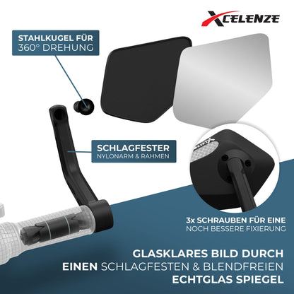 Xcelenze - Bike mirror with extra large mirror surface | impact-resistant real glass | bicycle mirror for handlebars ebike | rear mirror bike mirror for e-bike foldable bike rear mirror (right handlebar end)