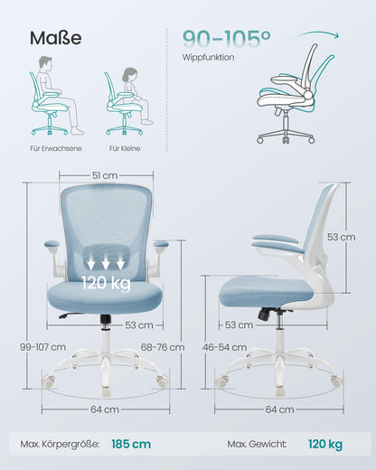SONGMICS ergonomic office chair with mesh, lumbar support, rocking function, 53 cm wide seat, foldable armrests, for work and bedroom, students, misty blue OBN037Q01