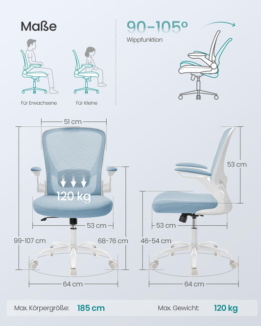 SONGMICS ergonomic office chair with mesh, lumbar support, rocking function, 53 cm wide seat, foldable armrests, for work and bedroom, students, misty blue OBN037Q01