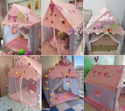 Children's play tent with star lights, girls' princess castle tent, indoor play tent with ball lights and cloud decorations. Dimensions 120x110x130cm.