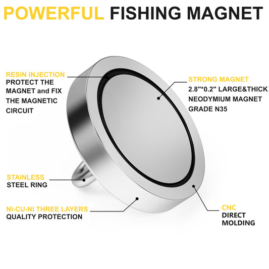 Magnetpro fishing magnet with over 420 kg pulling force. Super strong neodymium magnets, heavy-duty rare earth magnets with eye bolt, 90 mm diameter for magnet fishing, hunting, retrieving in rivers.
