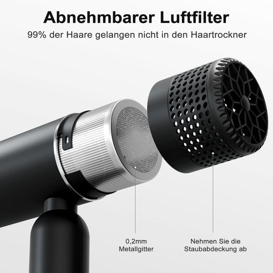 7MAGIC hair dryer with diffuser, foldable travel hair dryer, 30% faster drying, 300 million ions, 99% hair protection, overheating protection, 1600W, ultra-lightweight for all hair types, black.