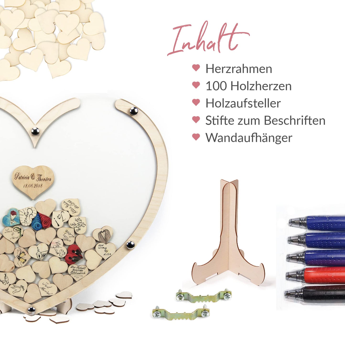 "Wooden heart guest book personalized 50x42x1.5cm | includes 100 hearts for writing | Wedding guest book with acrylic glass | The unique eye-catcher Made in Germany!"